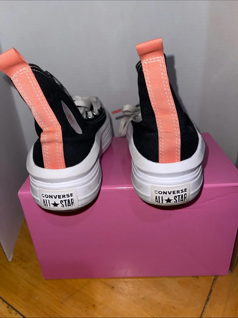 Converse Black High Top Platform Sneakers with Pink Heel Tab